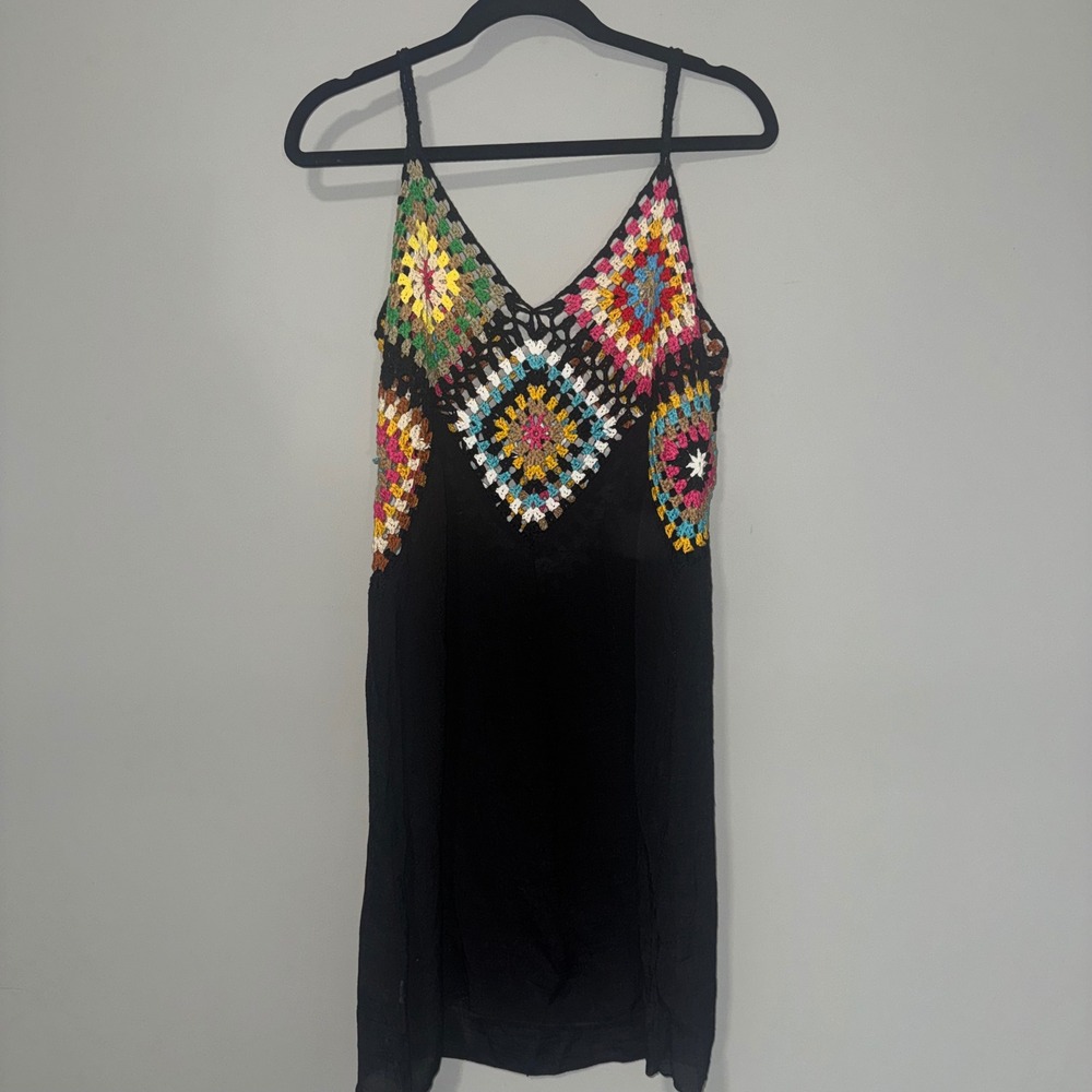 Boho Crochet Granny Square Swimsuit Coverup Multi Color Festival V-Neck Strappy